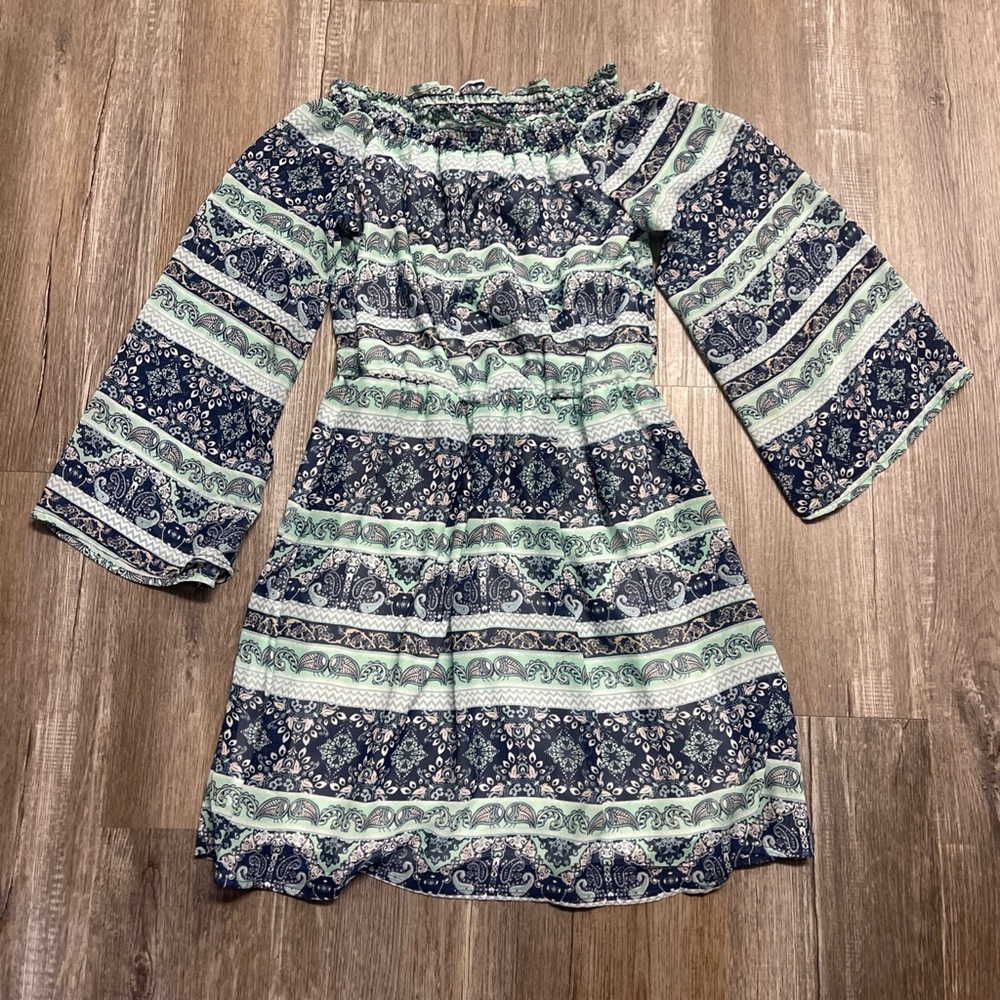 Alya Women's Aqua/ Turquoise Blue Green Patterned Lined Stretchy Dress , Size XS